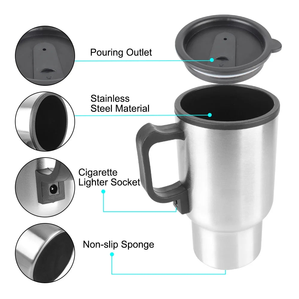 Camping Travel Kettle Vehicle Heating Cup 12V 450ml Stainless Steel Water Coffee Milk Thermal Mug Electric Heating Car Kettle